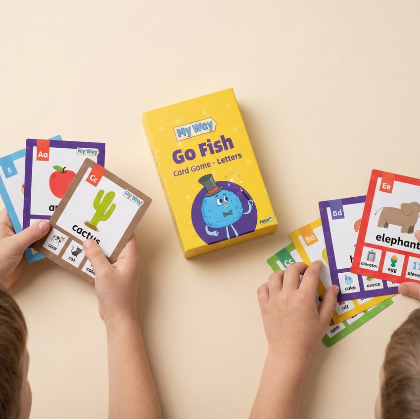 קלפי משחק Go Fish ללימוד אותיות באנגלית